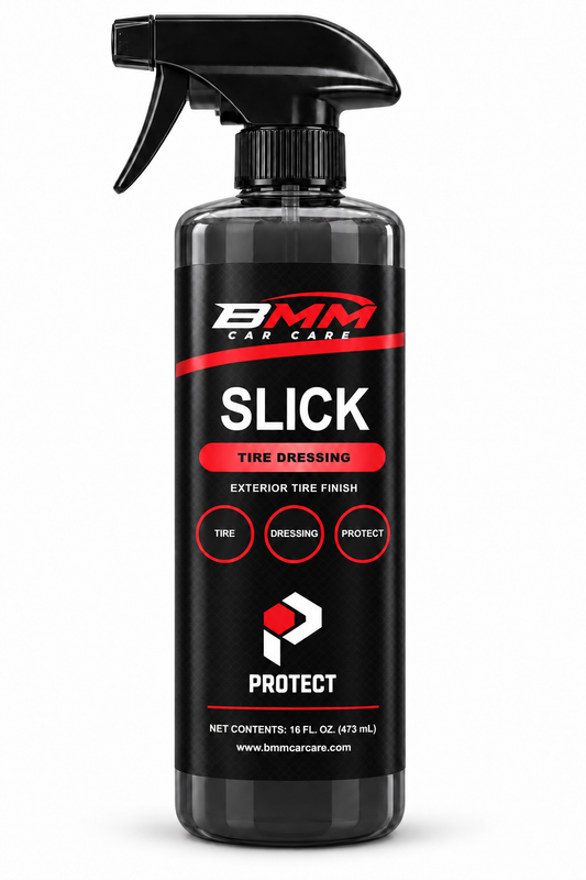 BMM SLICK Tire Dressing bottle with modern PROTECT category monogram