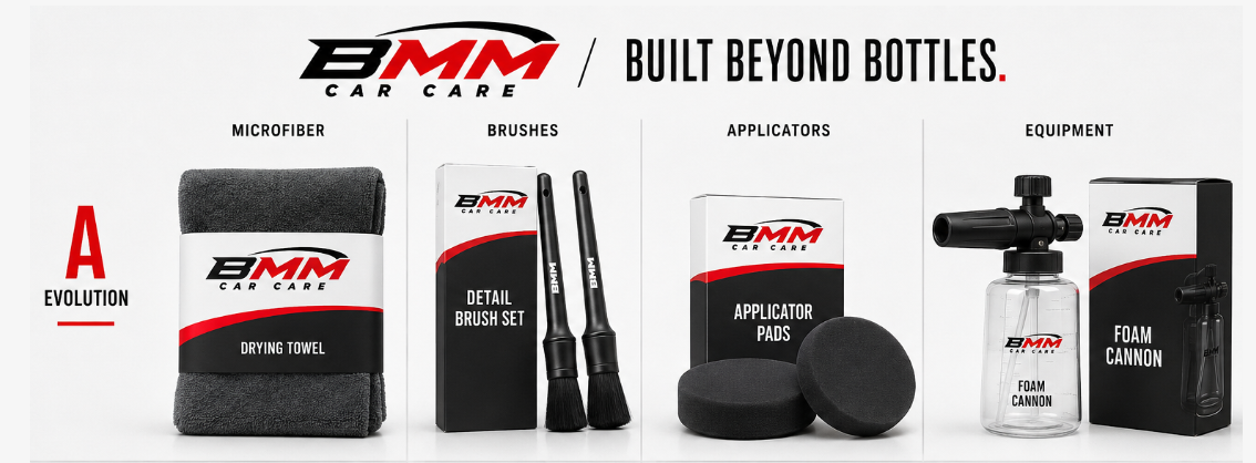 BMM Label A drying towel, detail brushes, applicator pads and foam cannon packaging